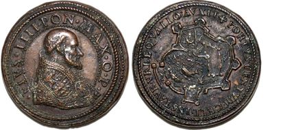 null PIE IV (1559-1565) Bronze. 32mm. Par Gianfederico Bonzani. 1561. Fortification...