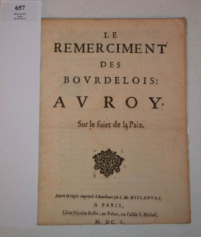 null FONTENEIL (Jacques de) Le Remerciment des Bourdelois au Roy sur le sujet de...