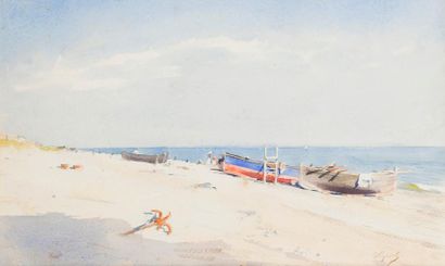 null Pierre VIGNAL (1855-1925)

Barques sur la plage, Arcachon.

Aquarelle, signée...