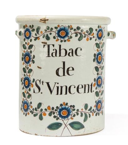 null Grand pot à tabac cylindrique en faïence de Bordeaux du XVIIIème siècle à décor...