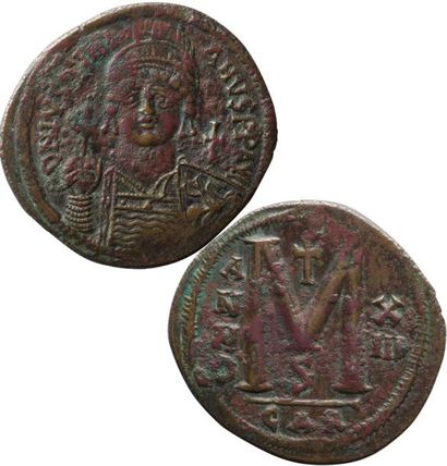 null Justinien Ier. 527-565. Grand follis.?An 13. Carthage. Sear 261. 22,32grs. 	...