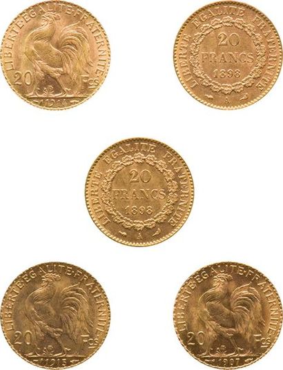 null 5 pièces de 20 Francs or. 2 x 20 Francs Génie 1898, 3 x 20 Francs Coq.SUP et...