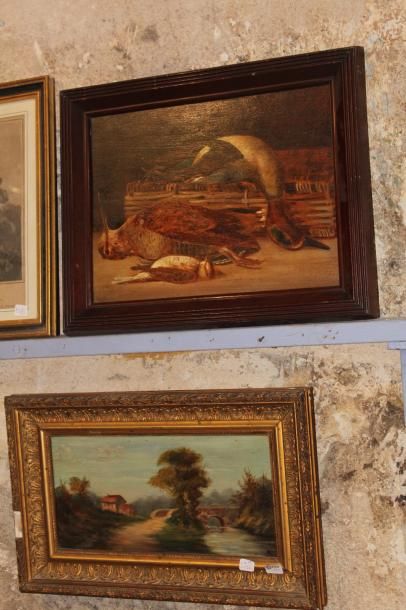 null ECOLE MODERNE, "Paysage au pont", huile sur toile signée en bas à droite du...