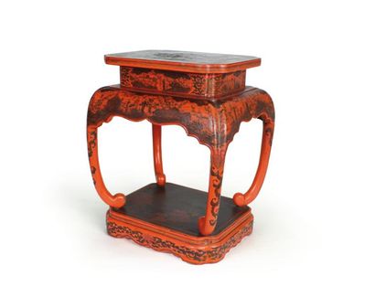 null PETITE TABLE EN LAQUE ROUGE. Chine, XXème siècle, rectangulaire, les pieds arrondis...