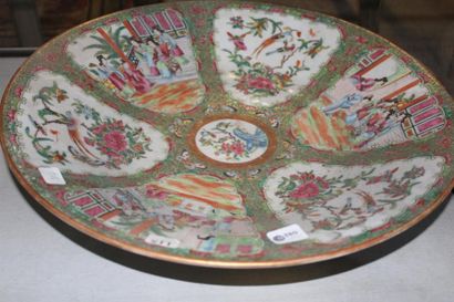 null Grand plat rond en porcelaine polychrome décor en réserve, Canton, XIXème siècle....