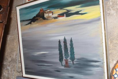 null Ecole Moderne "Paysage aux Cyprès", huile sur toile, signée en bas à gauche....