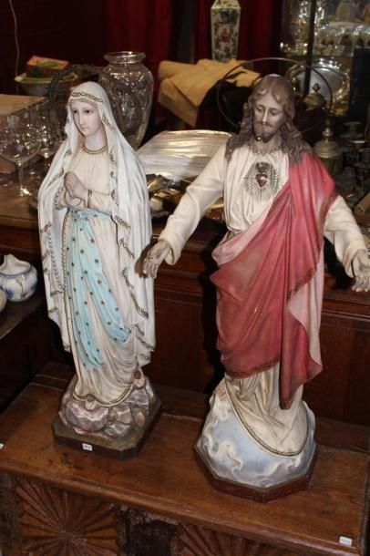 null Deux sujets plâtre polychrome, "Vierge Marie" et "Jésus Christ" (petits acc...
