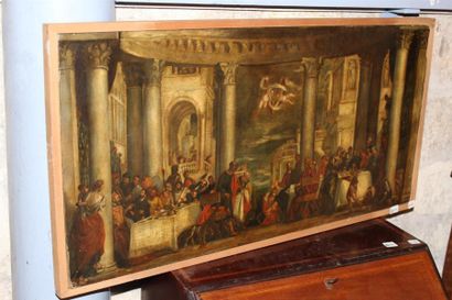 null ECOLE XIXème, "Repas chez Simon le Pharisien" huile sur toile, 39 x 79,5 cm...