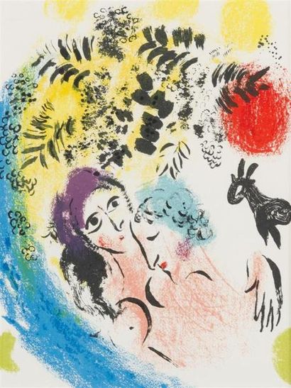 null MARC CHAGALL (1887 - 1985)Les amoureux aux soleil rougeplanche de Chagall lithographie...