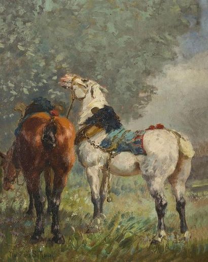 null EMILE NORMAND SAINT-MARCEL (1840-?)Chevaux de halageHuile sur panneau signée...