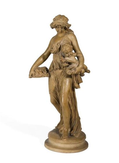 null FIGURE DE BACCHANTE EN TERRE-CUITE tenant une corbeille de fleurs et un enfant...