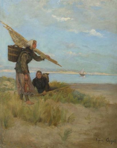 null Eugène CHIGOT (1860-1923)Pêcheuses de crevettesHuile sur toile signée en bas...
