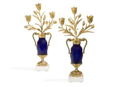 null Paire de vases d'ornement formant candélabres en verre teinté et bronze doré,...