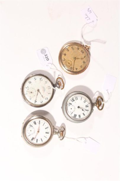 null Quatre montres de poche métal et plaqué or dont un chronomètre Sarda à Besa...