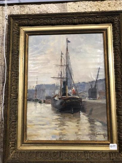 null André LADEN, " Bâteau à quai sur le port de Bordeaux", huile sur toile signée...