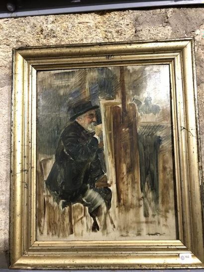 null ECOLE MODERNE, "L'Artiste dans son atelier", huile sur panneau. Dim. : 40 x...