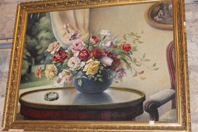 null Gaston de LACVIVIER, (Dax 1884 - Bordeaux 1951), "Bouquet de roses", huile sur...