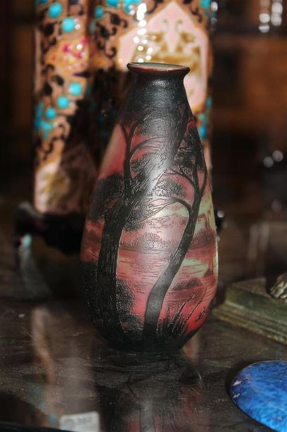 null DEVEZ ( 1872 - 1942)
Vase ovoïde en verre multicouche à décor de paysage lacustre...