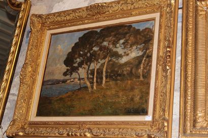 null L. CABIE, "Paysage à Juan-les-Pins", huile sur toile. Dans un cadre en bois...