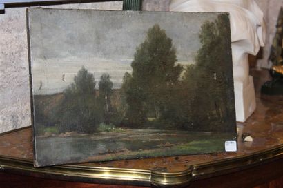 null Auguste ALLNGE (1833 - 1898), "Etang aux canards", huile sur toile signée en...
