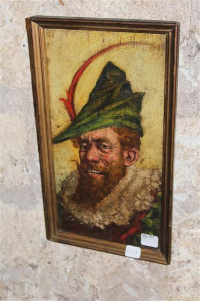 null ECOLE XIXème SIECLe, "Portrait d'homme au chapeau à plume", huile sur panneau...