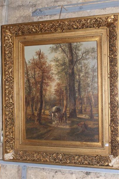 null ECOLE MODERNE, "Roulotte en forêt", huile sur toile signée en bas à droite L....