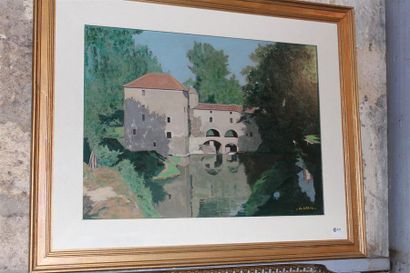 null Albert GREIG, "Le Moulin de Bagas sur le Dropt. (Gironde)" huile sur panneau...