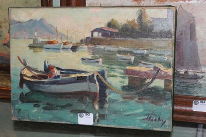 null ECOLE MODERNE, "Le Port", huile sur toile signée en bas à droite (à identifier)...