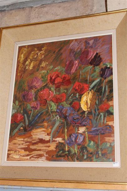 null ECOLE MODERNE, "Les Tulipes", huile sur isorel signée en bas à droite P. ARAGON....