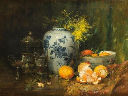 null Jean-Baptiste OLIVE (1848-1936)
Nature morte au vase de Delft et aux oranges.
Huile...