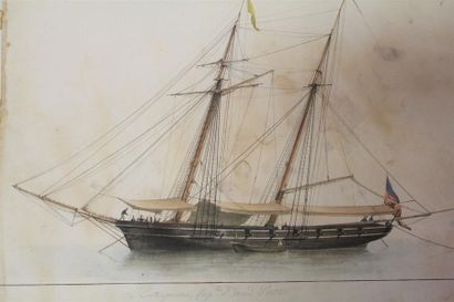 null MARINE
Réunion de 3 aquarelles de bateaux de guerre XIXe : The United States,...