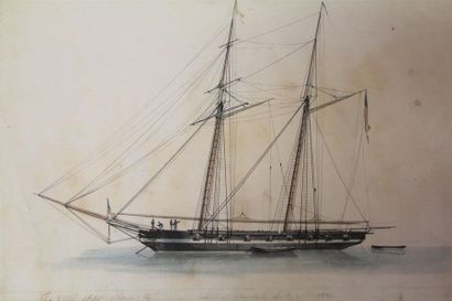 null MARINE
Réunion de 3 aquarelles de bateaux de guerre XIXe : The United States,...