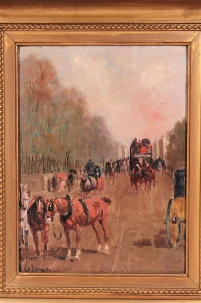 null Ecole française XIXe - "Voitures à cheval sur l'Avenue", huile sur panneau signée...
