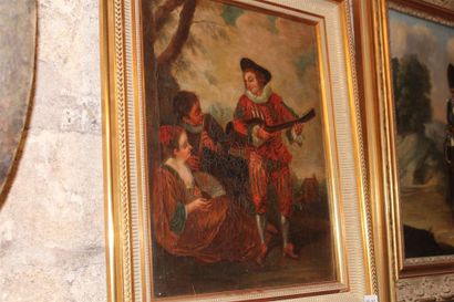 null ECOLE DU XIXème SIECLE, "Musiciens et femme à l'éventail", huile sur toile....