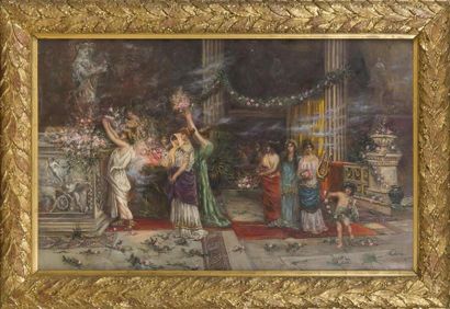 null MAX USADEL (c.1880-1950). "A l'intérieur du temple". Huile sur toile signée...