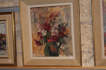 null ECOLE MODERNE, "Bouquet dans un vase", huile sur isorel signée en bas à droite...