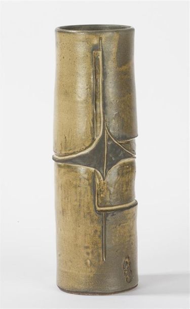 null CAB - Grand vase rouleau en Grès à décor géométrique signé (H : 28 cm)