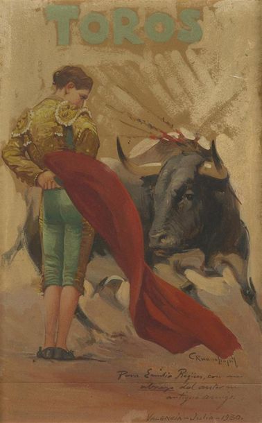 null Carlos RUANO LLOPIS (1878-1950)
"Passe de muleta"
Etude d'affiche, huile sur...