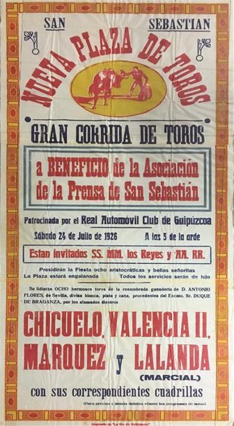 null AFFICHE SAN SEBASTIAN 24 Julio 1926
"Nueva Plaza de toros"
En 3 parties
Dim.:...