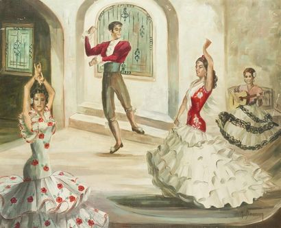 null ECOLE MODERNE
"Scène de flamenco"
Huile sur toile signée en bas à droite MAIDARICUREN
74...