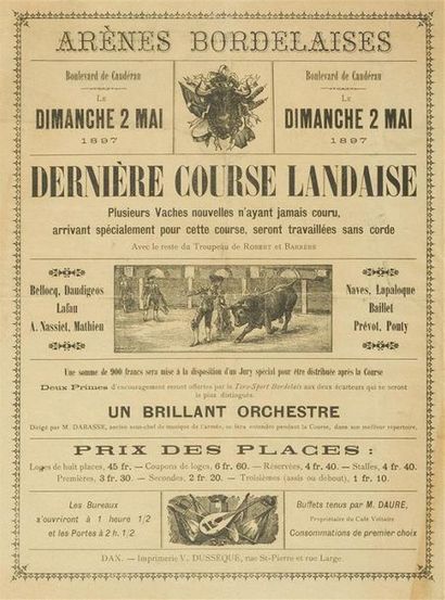 null RARE PETITE AFFICHE
Arènes Bordelaises Bvd de Caudéran
Dimanche 21 mai 1897
Dernière...