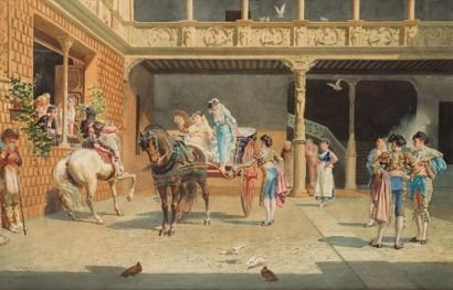 null Josep LLOVERA BOFILL (1846-1896)
"En el patio de caballos"
Aquarelle et gouache...