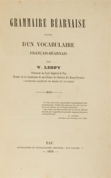 null LESPY (Vastin)
Grammaire béarnaise suivie d'un vocabulaire français-béarnais....
