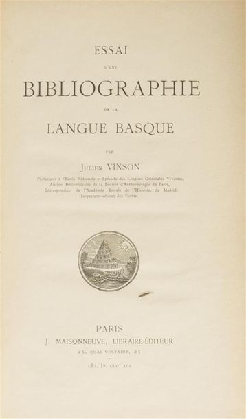 null VINSON (Julien)
Essai d'une bibliographie de la langue Basque. Paris, Maisonneuve,...