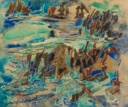 null André MARCHAND (1907-1997)
« Respiration marine aux rochers »
Aquarelle, signée...