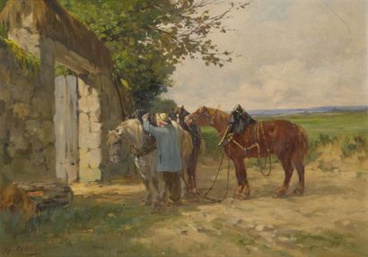 null Léon Georges CALVES (1848-1923)
« La halte des chevaux »
Huile sur panneau parqueté,...