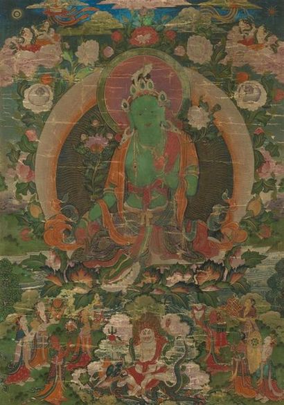 null THANGKA DE TARA VERTE
Tibet, XVIIIème siècle
La divinité auréolée assise en...