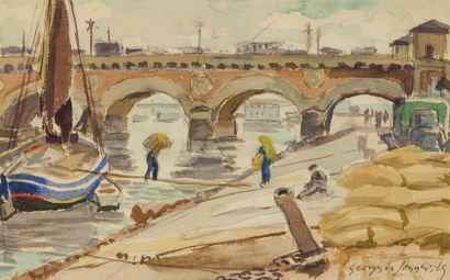 null Georges de SONNEVILLE (1889-1978)
« Le déchargement des docks, pont de pierre,...