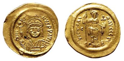 null JUSTIN 1er. 
SOLIDUS. 518-527. R/ VICTORIA AUGGG + Gamma. Constantinople assise...