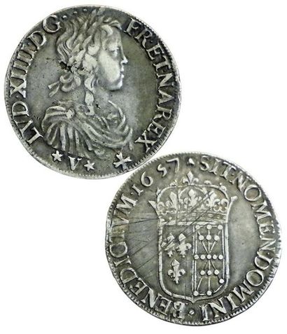 null LOUIS XIV.
Ecu de Navarre à la mèche longue. 1657 V. Saint Palais. 26,93 grs....